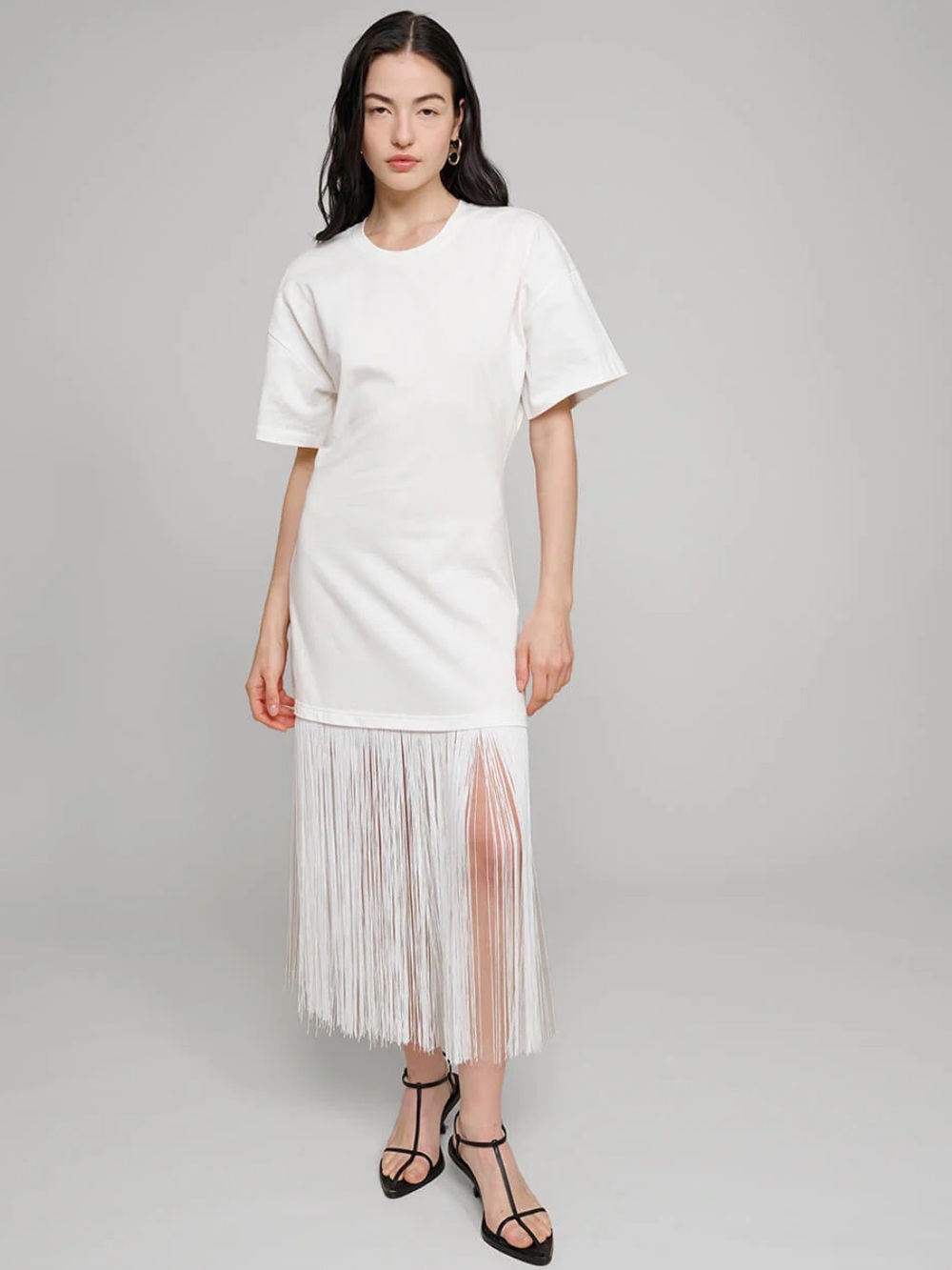 Pixie Market White Fringe Midi T-Shirt Dress